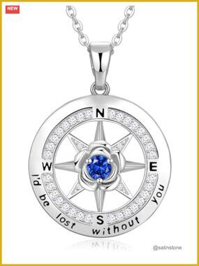 Sterling Silver Compass Pendant Necklace 18K White Gold Plated CZ Birthstone